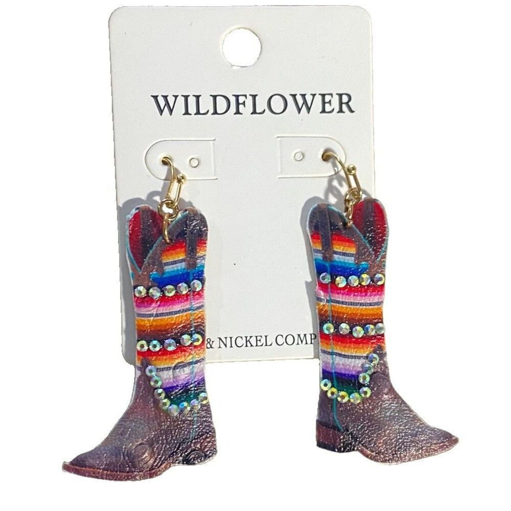 NWT Wildflower Western Cowgirl Boot Earrings Serape Stripe Rhinestone Jewelry